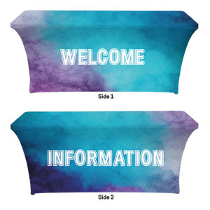 Blue Stucco Welcome Information Stretch Table Covers